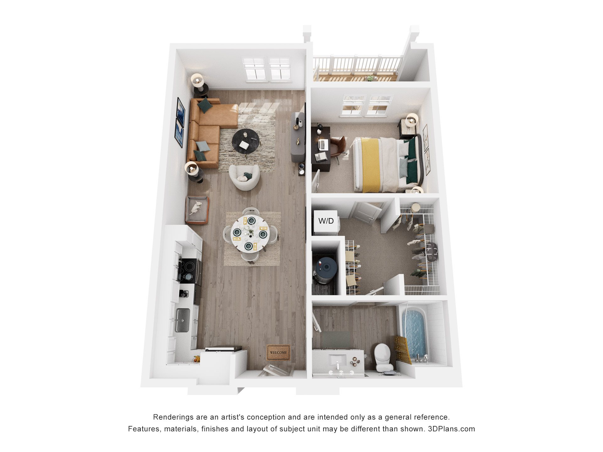 Floor plan for 1 bed, 1 bath, 893 sqft
